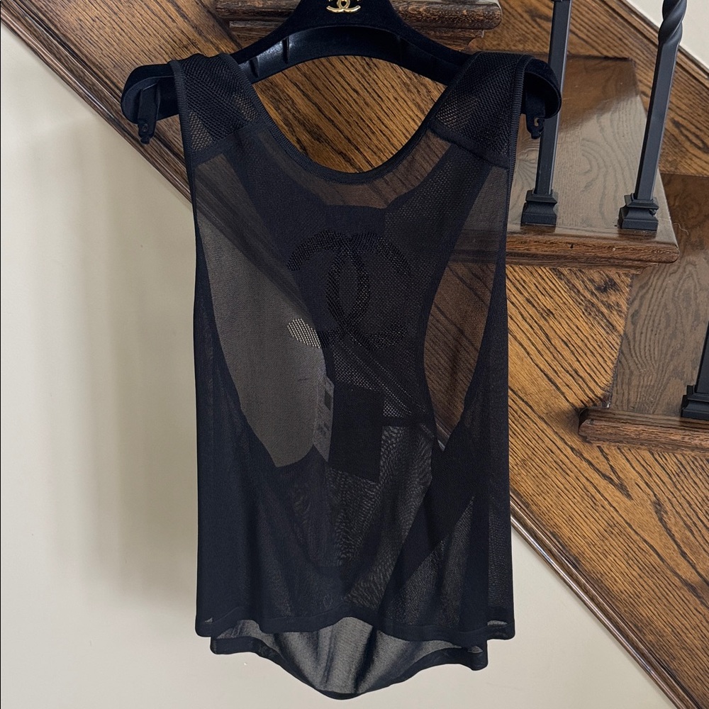 Chanel 19p black mesh tank top sheer top sz large L $1500